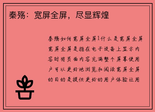 秦殇：宽屏全屏，尽显辉煌