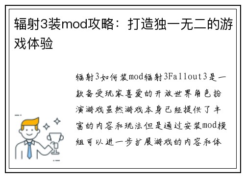 辐射3装mod攻略：打造独一无二的游戏体验