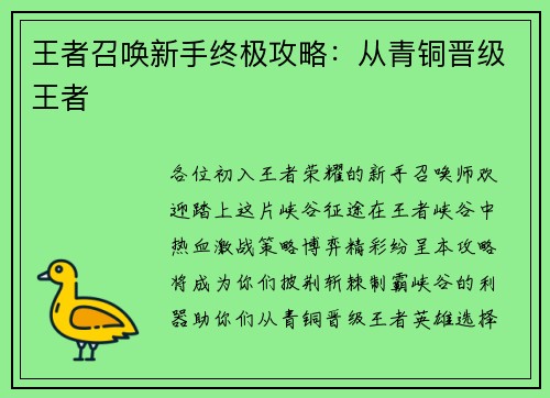 王者召唤新手终极攻略：从青铜晋级王者
